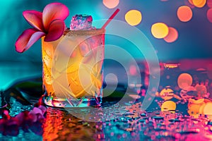 Mai Tai Cocktail Cocktail on Neon Background, Tropical Mocktail, Maitai Beach Party Coctail