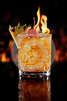 a mai tai, with rum, lime juice, orange liqueur, and orgeat syrup, garnished with a cherry and a slice of pineapple