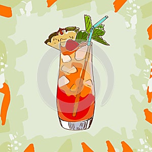 Mai Tai tropical classic cocktail illustration. Alcoholic bar drink hand drawn vector. Pop art