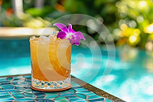 Mai Taio cocktail by the pool, copy space