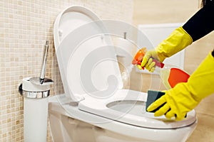 Maid cleans the bidet with a cleaning spray