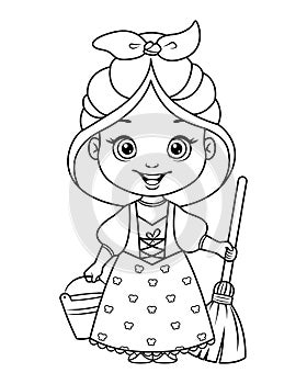 Maid coloring page. Black and white cartoon illustration