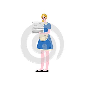 Maid Holding Stack of Clean Towels, Hotel Staff Character in Blue Uniform Vector Illustration