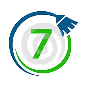 Maid House Cleaning Logo On Letter 7 Concept. Maid Logo, Cleaning Brush Icon