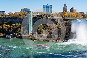 Maid of the Mist USA Boat Tour. Niagara Falls Observation Tower. American Falls. Autumn foliage season.