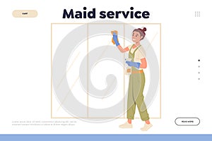 Maid service landing page with cartoon female character washing room window in house or hotel