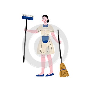 Maid Standing with Mop and Broom, Cleaning Lady Character Wearing Uniform Vector Illustration