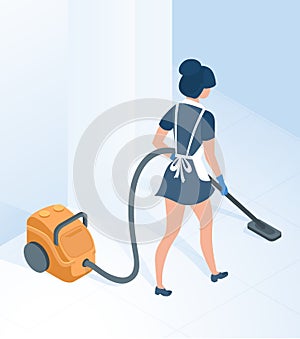 Maid in Uniform Vacuuming Floor in Hallway Room