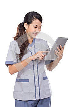 Maid using tablet touch pad