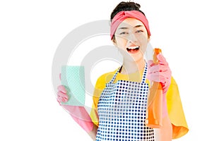 Maid,Young woman wore yellow t-shirt,blue apron and Pink cleaning rubber gloves, Hold bottles, spray cleaners, wipe clean glass