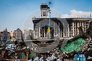 Maidan 2014 revolution demonstration Euromaidan in Kyiv. Ukrainian barricade for freedom. Governmental opposition. Rebellion war