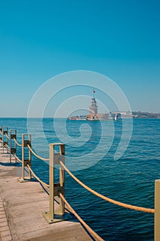 Maiden's Tower aka Kiz Kulesi vertical photo with cityscape of Istanbul photo