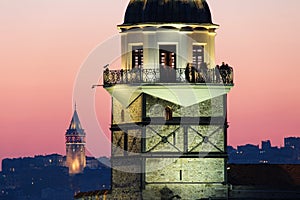 Maiden`s Tower and Galata Tower at sunset, Istanbul