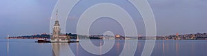 Maiden\'s Tower in Istanbul, Turkey. Panoramic view before sunrise and during twilight time