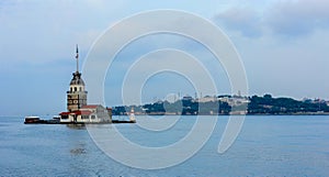 Maiden\'s Tower in Istanbul, Turkey. Panoramic view before sunrise and during twilight time