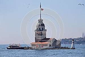 Maiden`s Tower in Istanbul, Turkey. View from the ferry