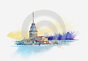 Maiden tower at dawn in Istanbul, Turkey. Watercolor sketch