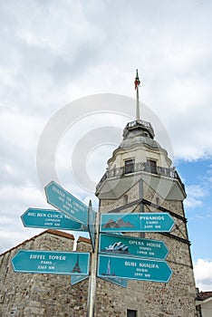 Maiden tower in istanbul with signpost showing distances to other famous