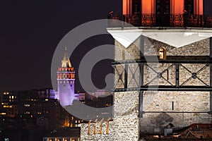 Maidens Tower and Galata Tower in Istanbul, Turkey
