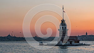 Maidens tower after sunset day to night timelapse in istanbul, turkey, kiz kulesi tower photo