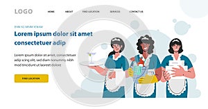 Maids in uniform with equipment,cleaning service in hotel.Template webite,vector