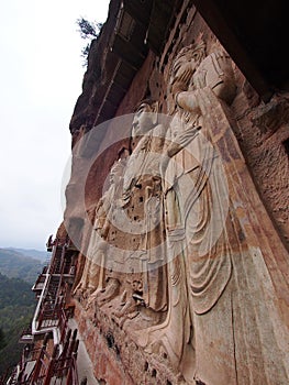 Maiji Shan Stone Mountain with ancient buddhist carving statue.