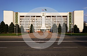 Maikop, Russia - April 26, 2019: House Government of Republic of Adygeya, Soviet modernism era brutalism building photo