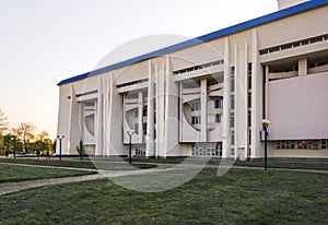 Maikop, Russia - April 25, 2019: State Philharmonic of Republic of Adygeya, Soviet modernism era brutalism building photo