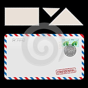 Mail Air Envelope Icon with set Postal Stamp