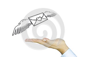 Mail with angel wing on Human hand