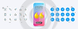 Mail app, Washing machine and Hold heart line icons. For web app, printing. Phone mockup with 3d quotation icon. Vector