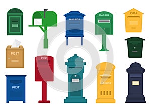 Mail box vector post mailbox or postal letterbox of American or European mailing and set of postboxes for delivery
