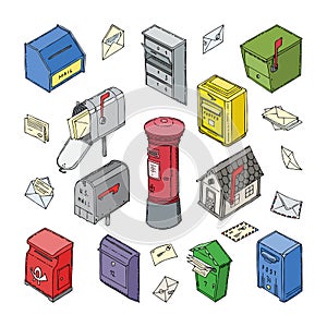 Mail box vector post mailbox or postal mailing letterbox with envelops illustration set of isometric postboxes for