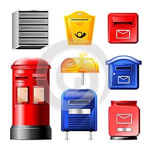 Mail box vector post mailbox or postal mailing letterbox illustration set of postboxes for delivery mailed letters in