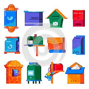 Mail box vector post mailbox or postal mailing letterbox illustration set of postboxes mail-boxes for delivery mailed