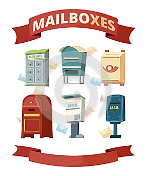 Mail boxes. Containers for post letters vector illustrations set