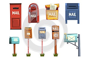 Mail boxes set, vintage postbox cartoon vector Illustrations