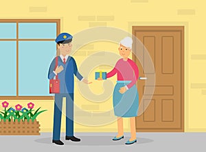 Mail Carrier or Mailman as Employee of Postal Service Delivering Gift Box to Senior Woman Vector Illustration