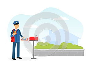 Mail Carrier or Mailman as Employee of Postal Service Delivering Mail and Letters to Residence Vector Illustration