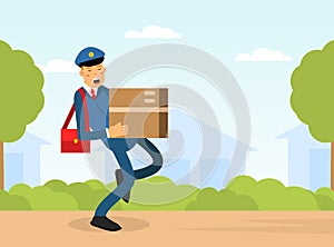 Mail Carrier or Mailman as Employee of Postal Service Delivering Mail and Parcel to Residence Vector Illustration