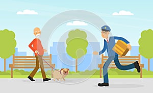 Mail Carrier or Mailman as Employee of Postal Service Delivering Mail and Parcel to Residence Vector Illustration