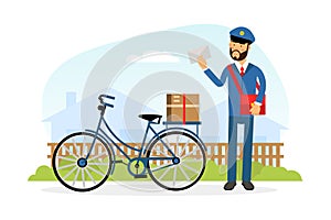 Mail Carrier or Mailman as Employee of Postal Service Delivering Mail and Parcels to Residence Vector Illustration