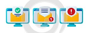 Mail client 3D icons. Email on computer screen, error message and new letter. Office app icon, business letters web