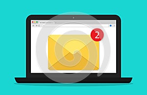 Mail in computer. Email window in laptop screen. Newsletter with alert. Icon of message and notification. Receive new document in