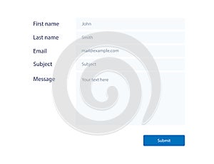 Mail contact form mockup. Blank window for feedback. Template of email message. Submit button with in blue. Simple flat design