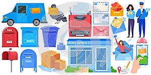 Mail delivery, post shipping service islated icons set with mailbox, post office parcels, mailman and postoffice box