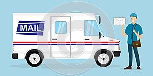 Mail delivery truck. Happy postman in uniform. Caucasian mailman hold letter. Courier with mailbag, delivery and post service.