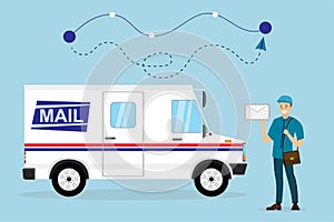 Mail delivery truck. Happy postman in uniform hold letter. Mail route tracking. Courier with mailbag, delivery and post service