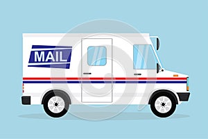 Mail delivery truck. White postal van. Cartoon vehicle in flat style