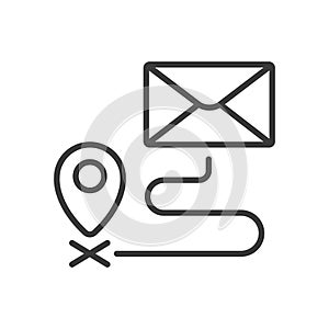 Mail destination, icon in line design. Mail, destination, send, recipient, inbox, address, route on white background